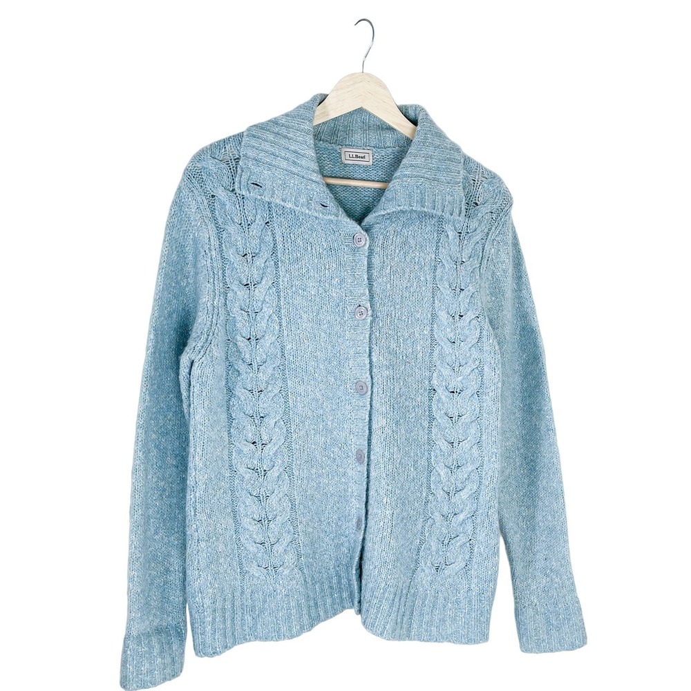 LL Bean Aqua Blue Collared Cable Knit Cardigan Medium